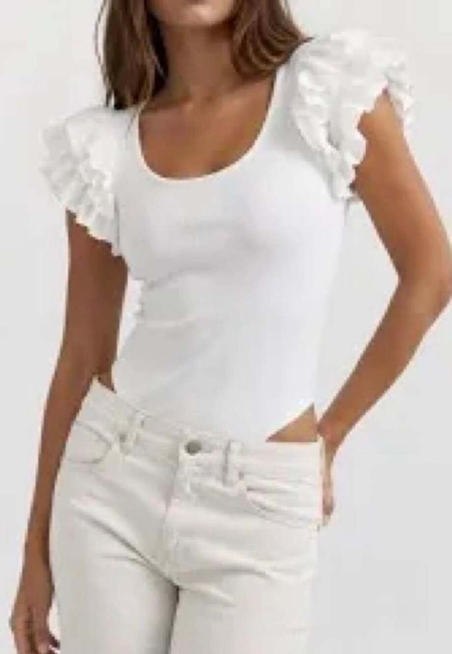 Zara Women’s White Ribbed Ruffle Sleeve Bodysuit Scoop Neck Medium Cotton